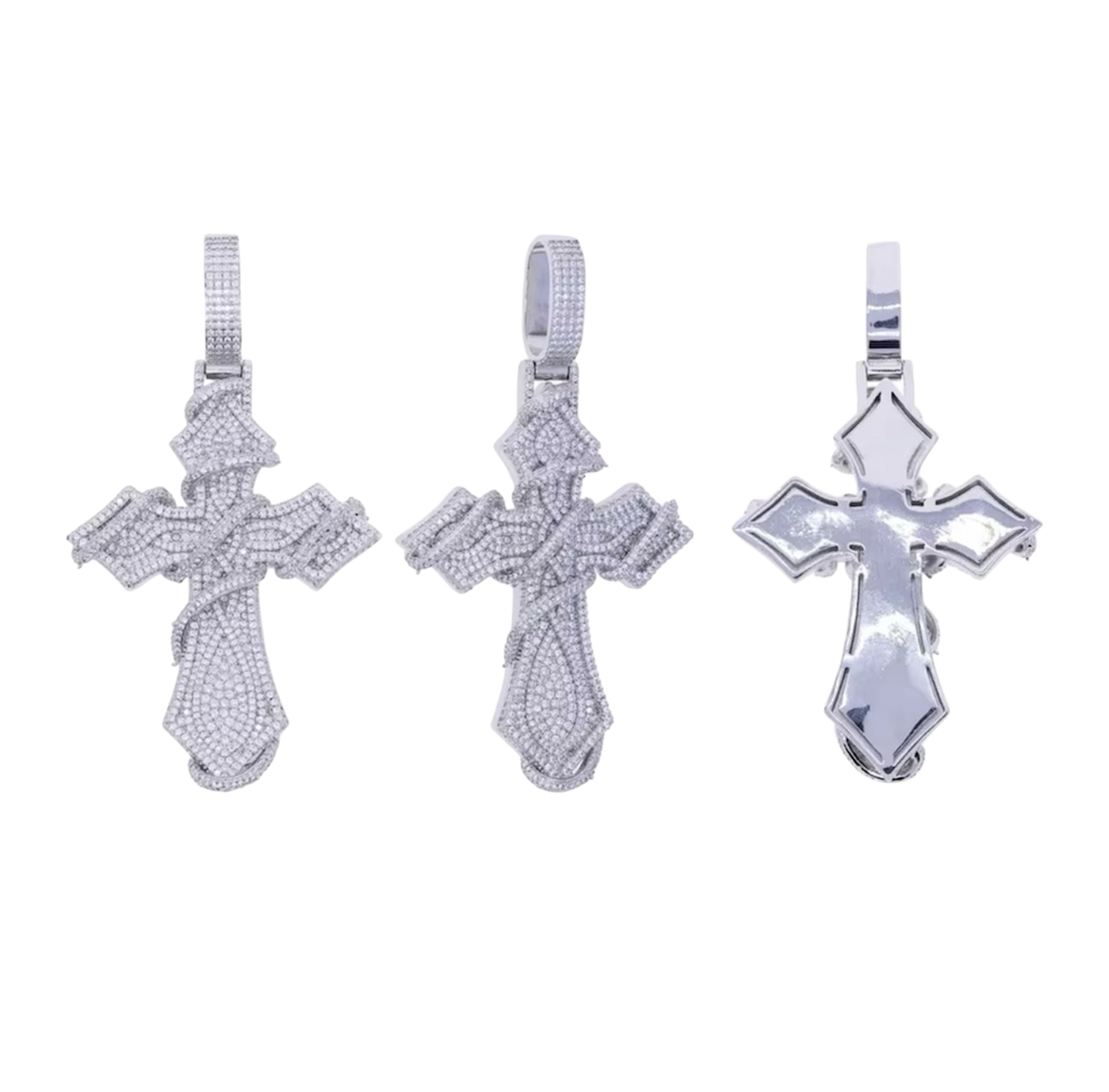 Vine Iced Out Cross Pendant  (White Gold) image 3