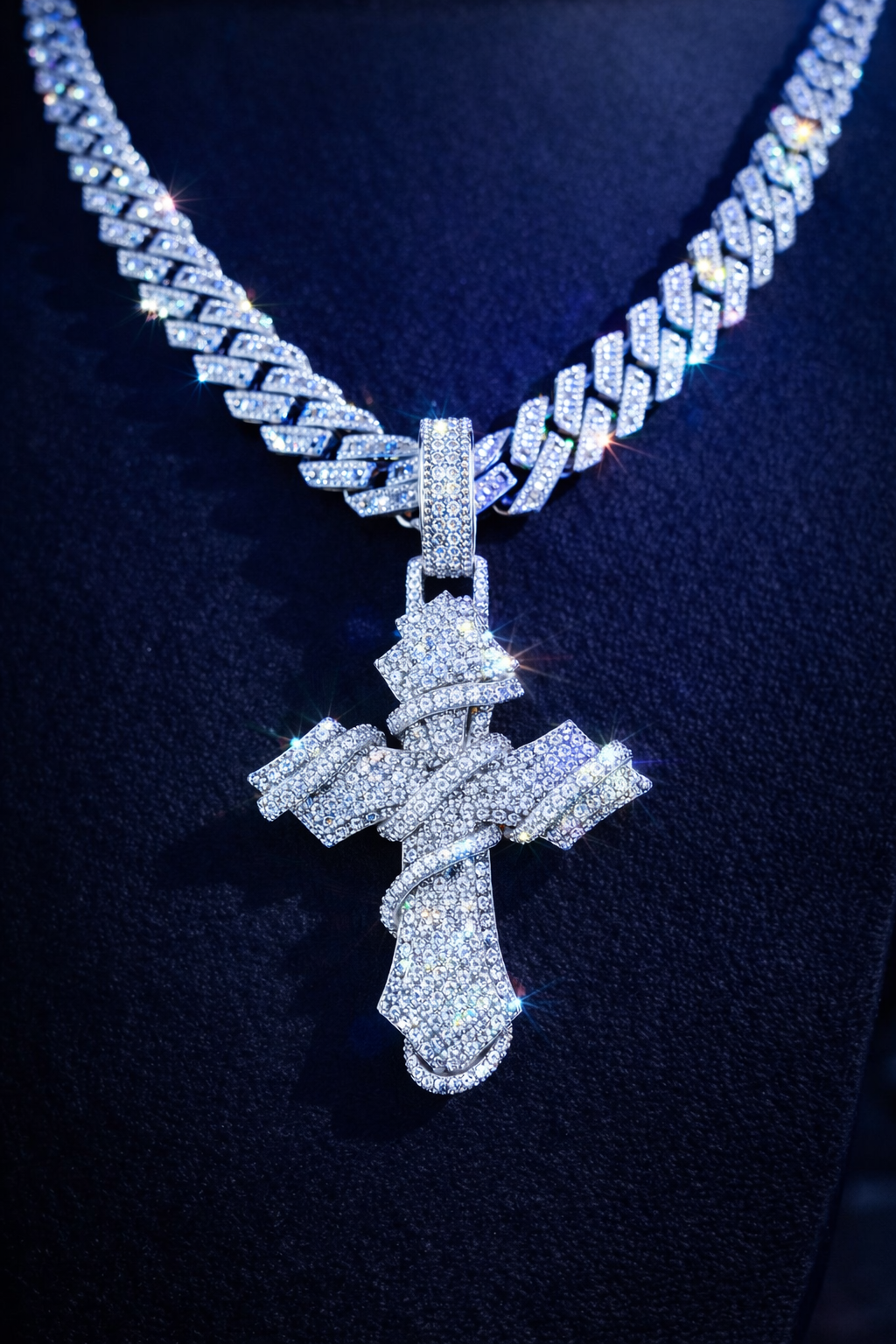 Vine Iced Out Cross Pendant  (White Gold)