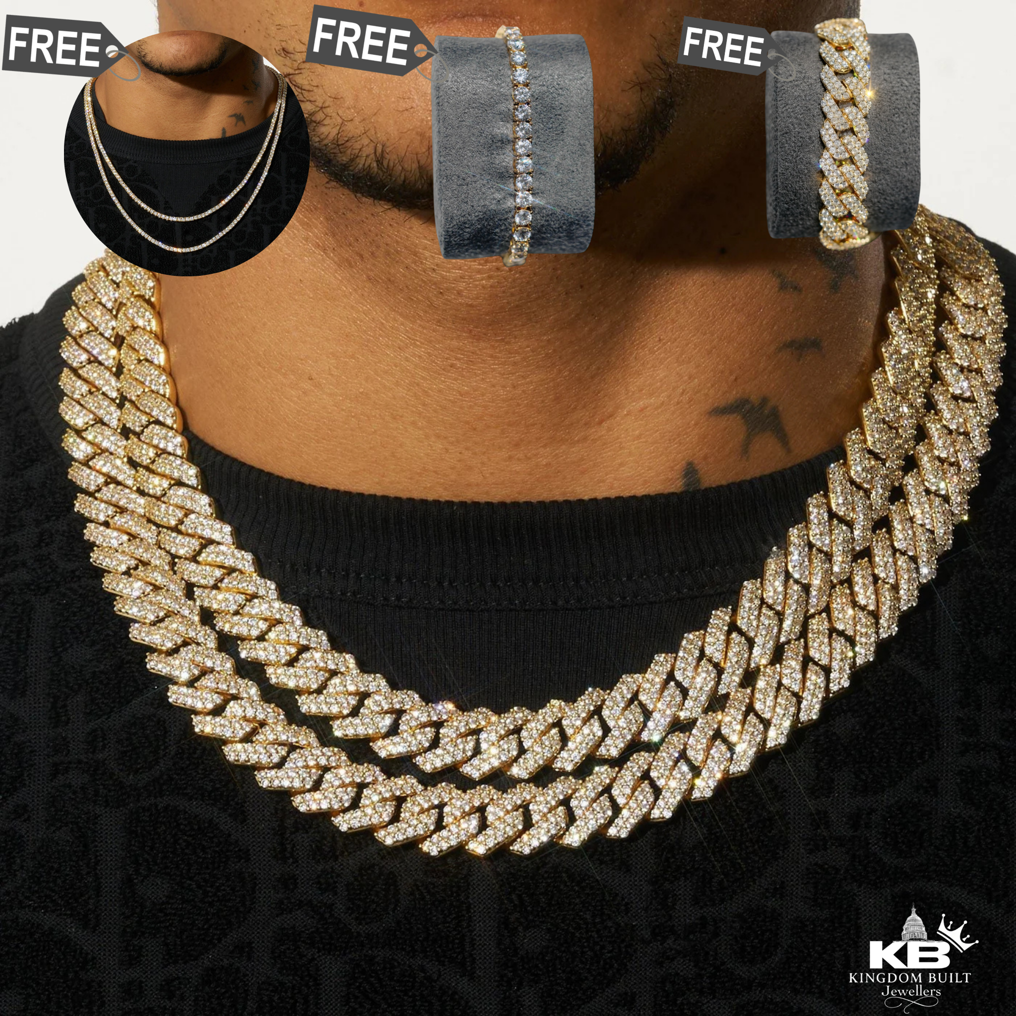 Iced Out Cuban Link Chain + FREE Bracelet & Tennis Set (Gold)