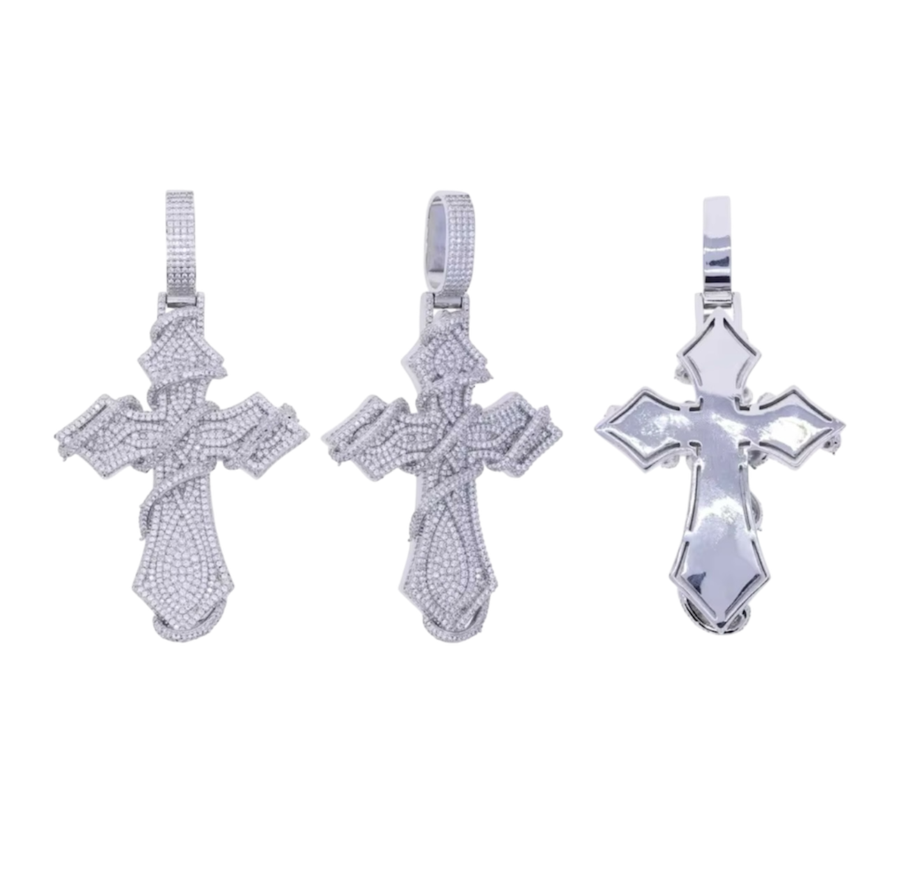 Vine Iced Out Cross Pendant  (White Gold)