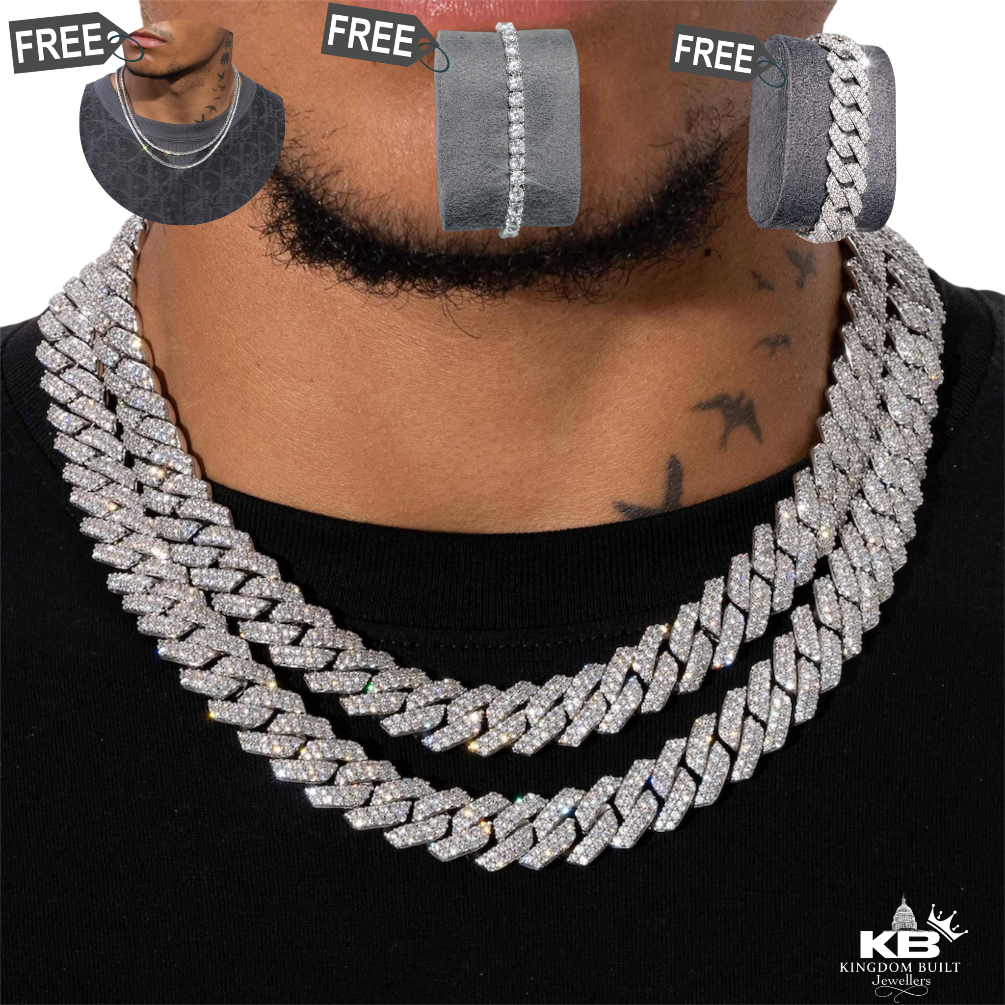Kingdom Cuban Link Chain + FREE Cuban Bracelet & Tennis Set   (White Gold)