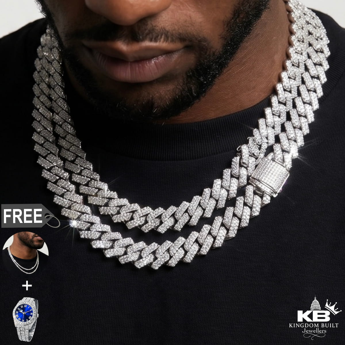 Buy the Cuban Link + Get 2 Pieces Free | WHITE GOLD[br] EVERYTHING BELOW IS INCLUDED: [br] Cuban Link Chain[br] Tennis Chain [br] Kingdom Built Presidential Watch [br](CZ Stones & 18k White Gold Plated)[br] 10MM image 0