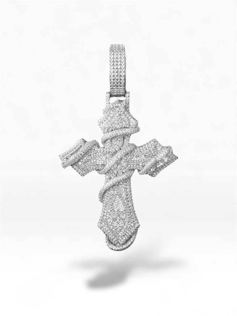 vine iced out cross pendant (white gold)