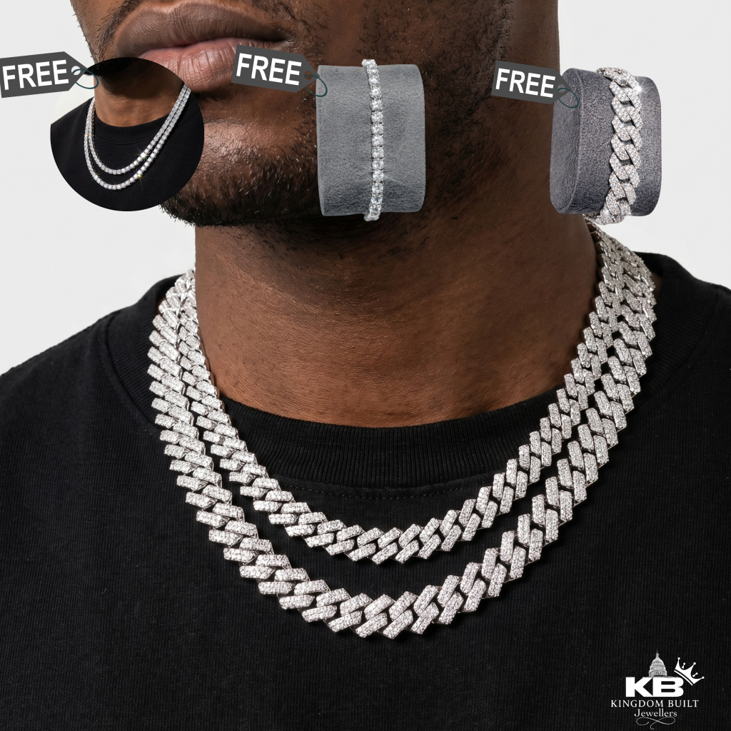 kingdom cuban link chain + free cuban bracelet & tennis set (white gold)