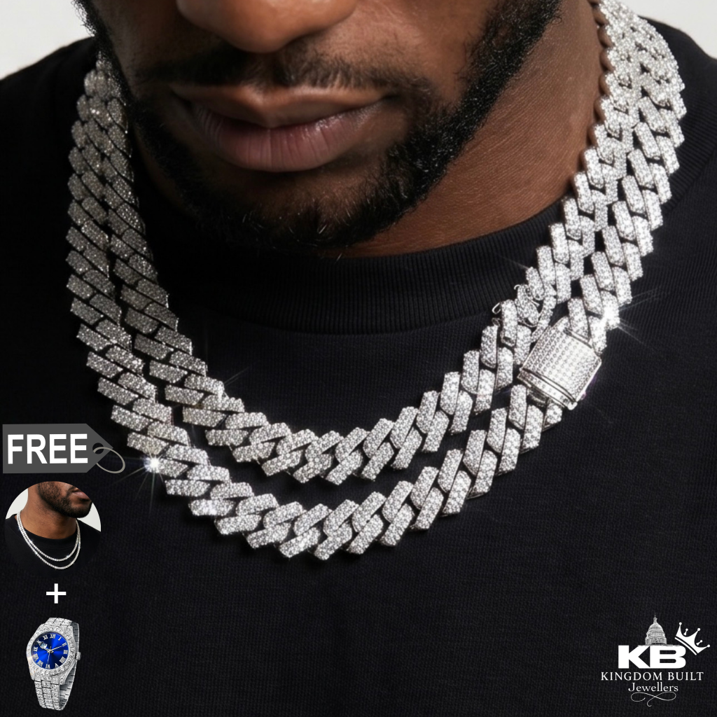 buy the cuban link + get 2 pieces free | white gold[br] everything below is included: [br] cuban link chain[br] tennis chain [br] kingdom built presidential watch [br](cz stones & 18k white gold plated)[br] 10mm